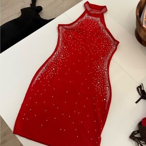 SHEIN Red Rhinestone Mini Dress